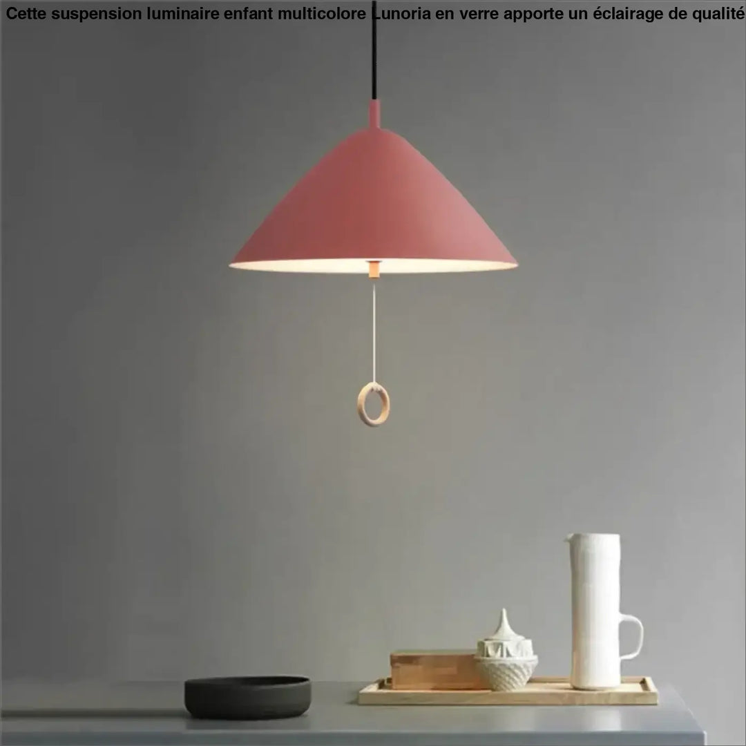 Suspension luminaire conique nouriah rose avec anneau en bois au centre pour un éclairage moderne