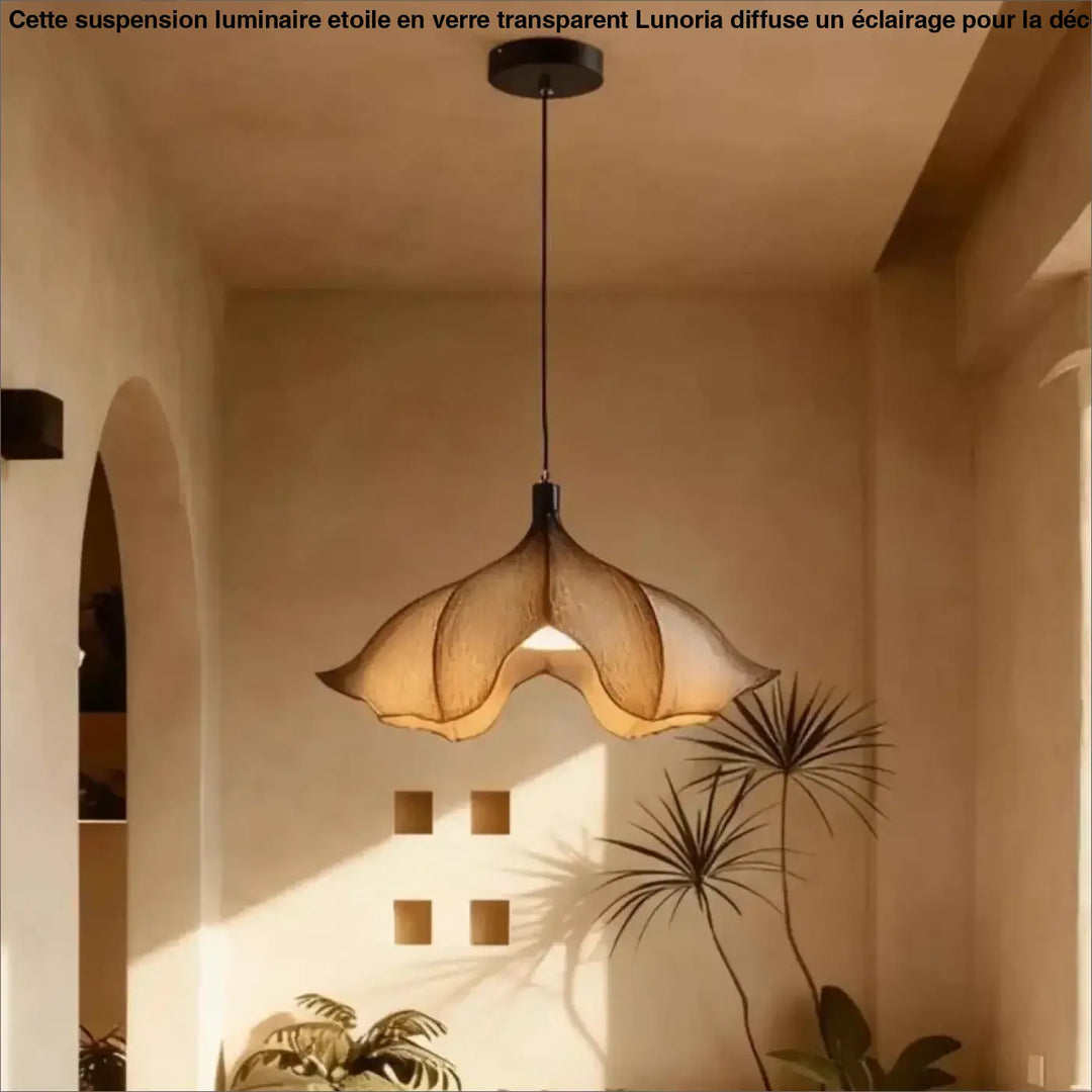 Suspension luminaire petunia style floral avec abat-jour en tissu tissé chaud et structure métal noir pour décoration intérieure