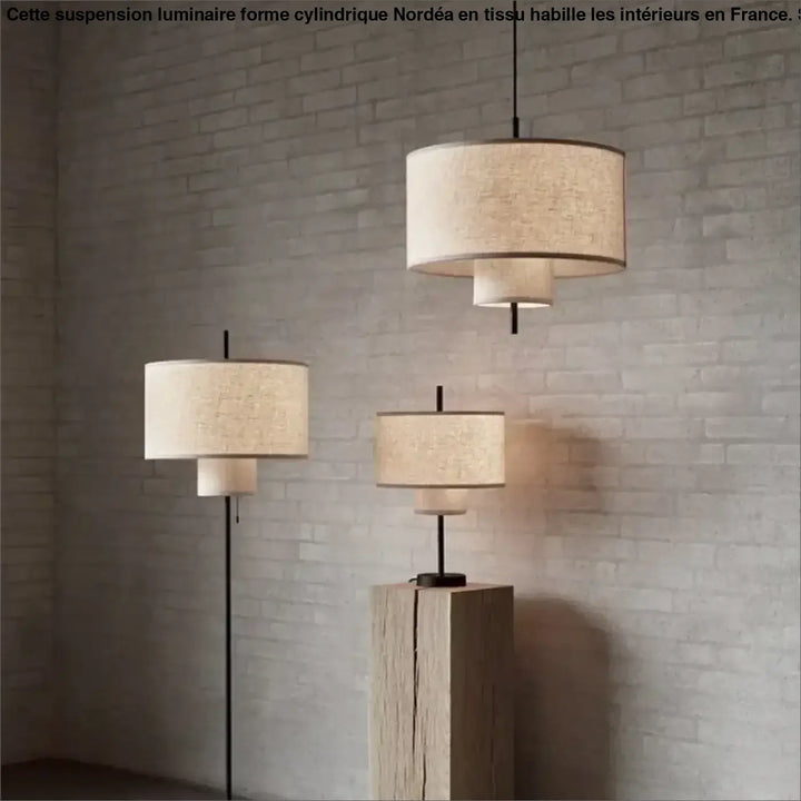 Suspension luminaire forme cylindriques au design épuré en tissu

