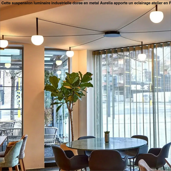 Plafonnier design aiko avec suspension luminaire, table ronde en marbre gris foncé et pieds métalliques noirs pour décoration intérieure univers déco