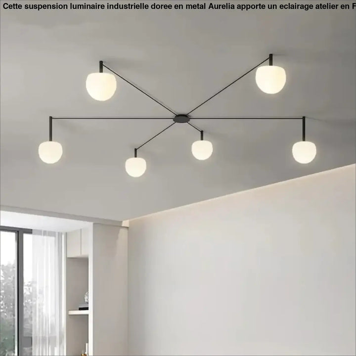 Plafonnier design aiko en métal noir moderne avec cinq globes en verre givré pour décoration intérieure univers déco