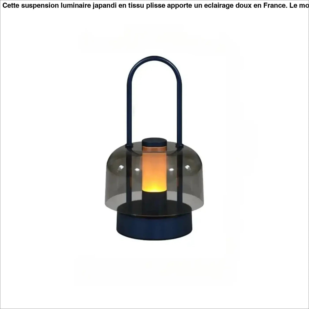 Lampe de table Cristo en bleu marine avec verre fumé et poignée arche diffusant une lumière chaude pour night light