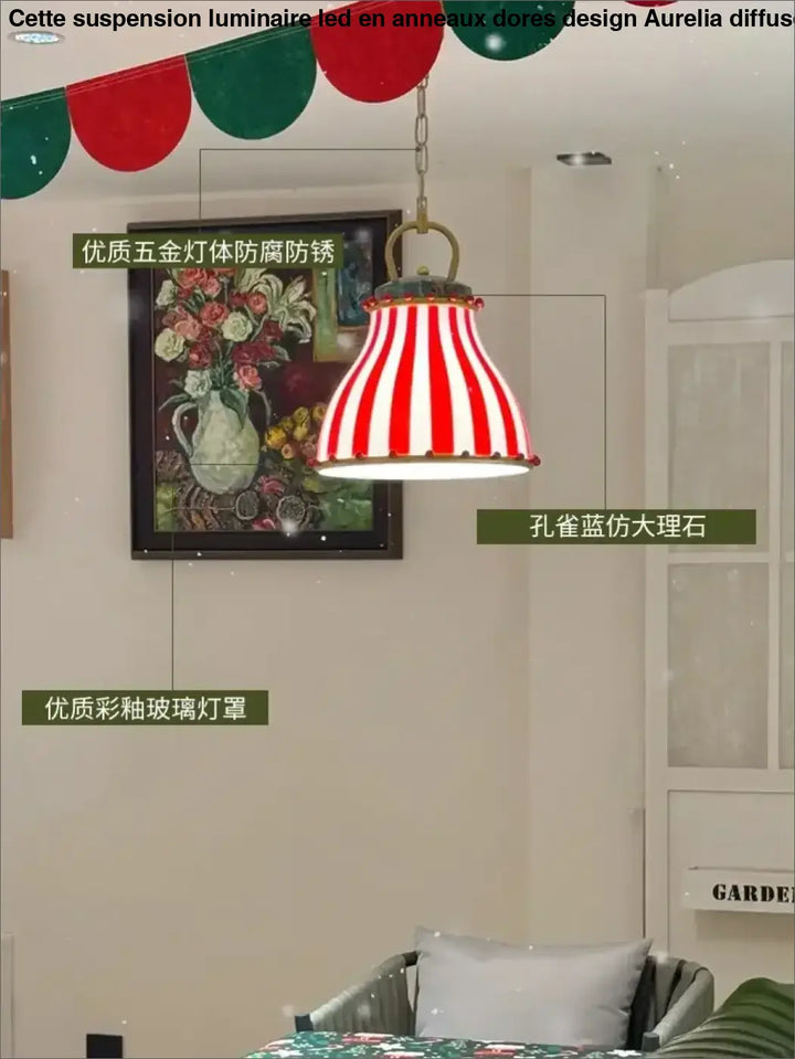 Suspension luminaire vintage en rouge motif rayé décoratif