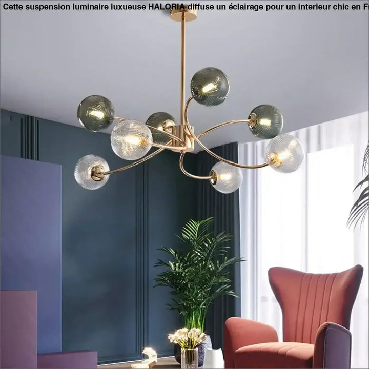 Suspension luminaire norse en laiton avec globes en verre clair et vert fumé design contemporain