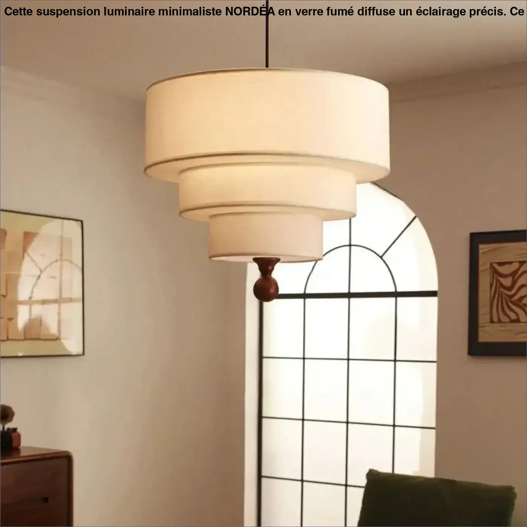 Suspension luminaire kyoto en tissu crème à étages avec lumière douce et ornement en bois pour une suspension luminaire style élégant