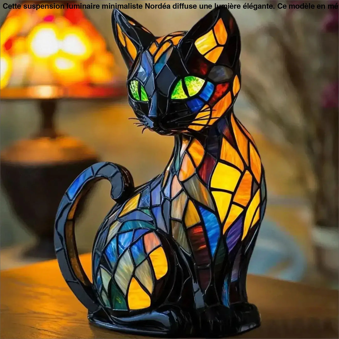 Veilleuse féline en verre coloré avec yeux verts lumineux et segments orange jaune bleu violet, lampe chat décorative bastet