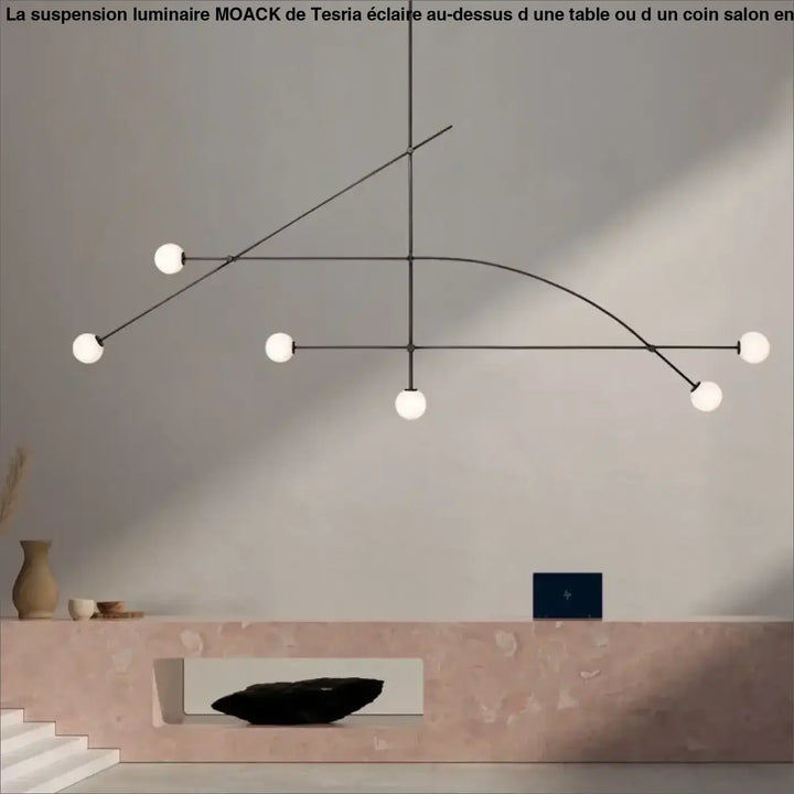 Suspension luminaire style moderne en métal noir avec six globes en verre blanc pour un éclairage contemporain