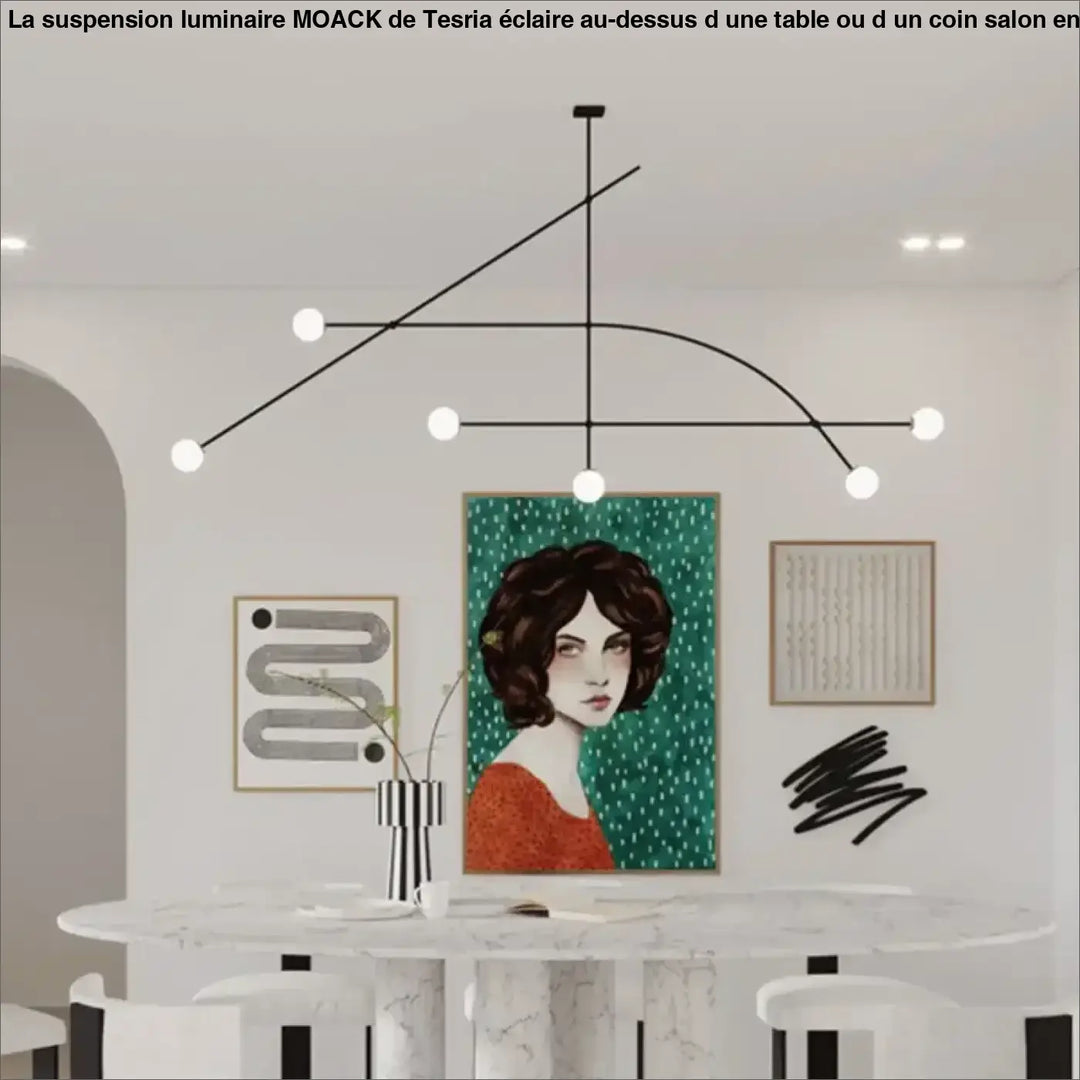 Suspension luminaire style moderne moack en métal noir avec six globes blancs asymétriques géométriques