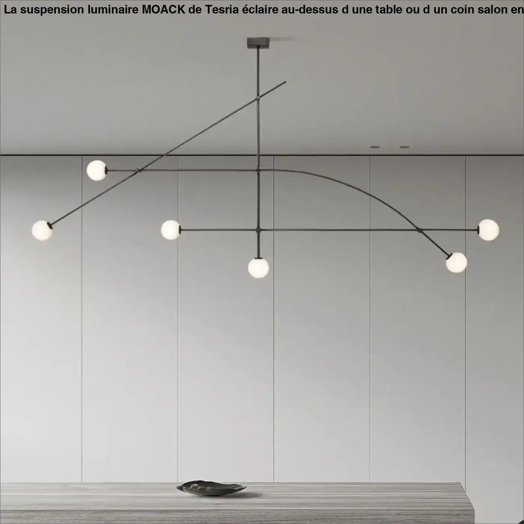 Suspension luminaire style moderne moack en métal noir avec cinq globes en verre blanc pour éclairage contemporain