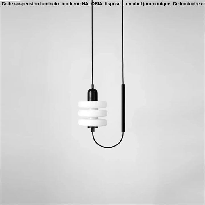 Suspension luminaire moderne avec trois anneaux en céramique blanche empilés et structure noire élégante haloria