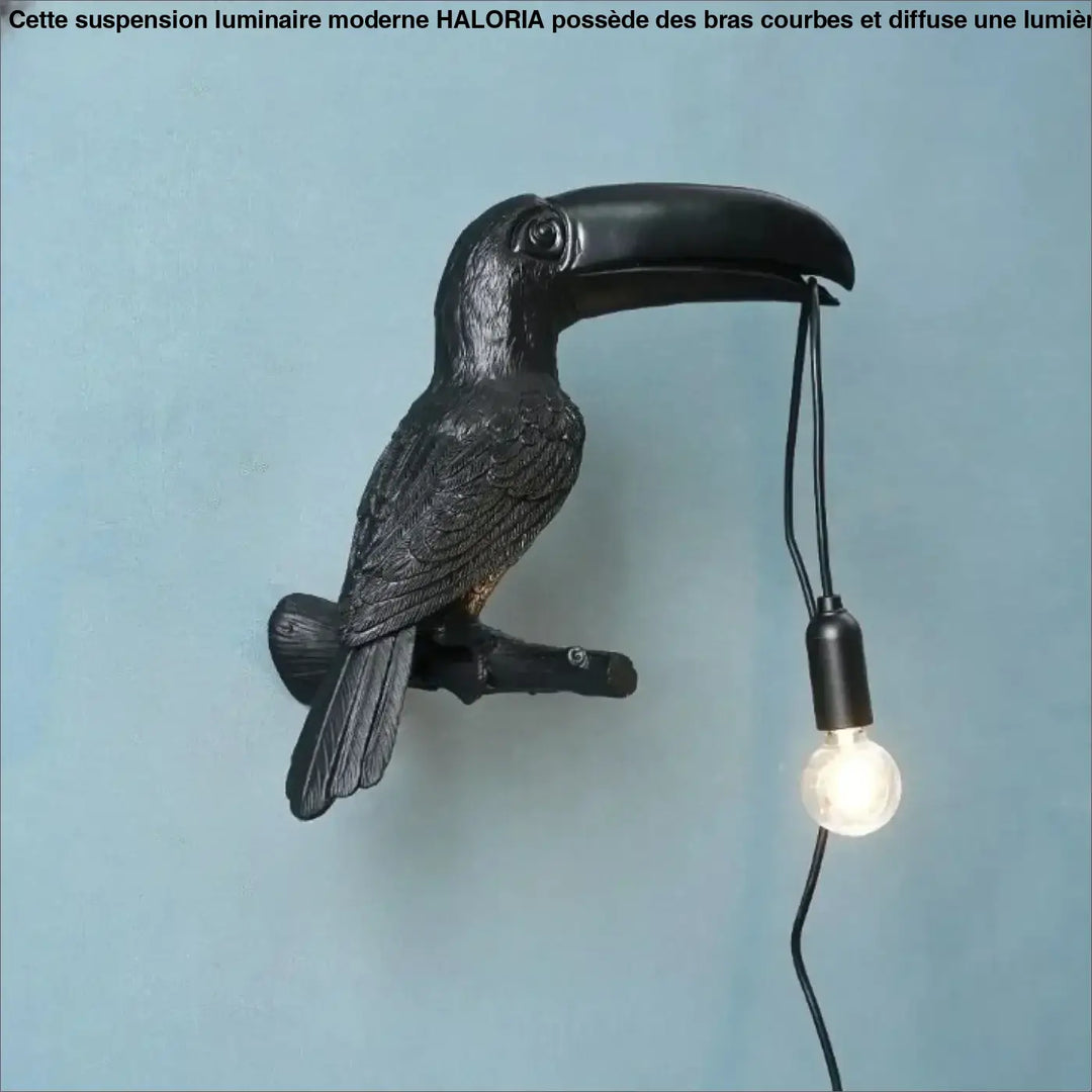 Applique murale design toucan noir avec finition mate texturée et ampoule apparente suspendue au bec design toucan perché
