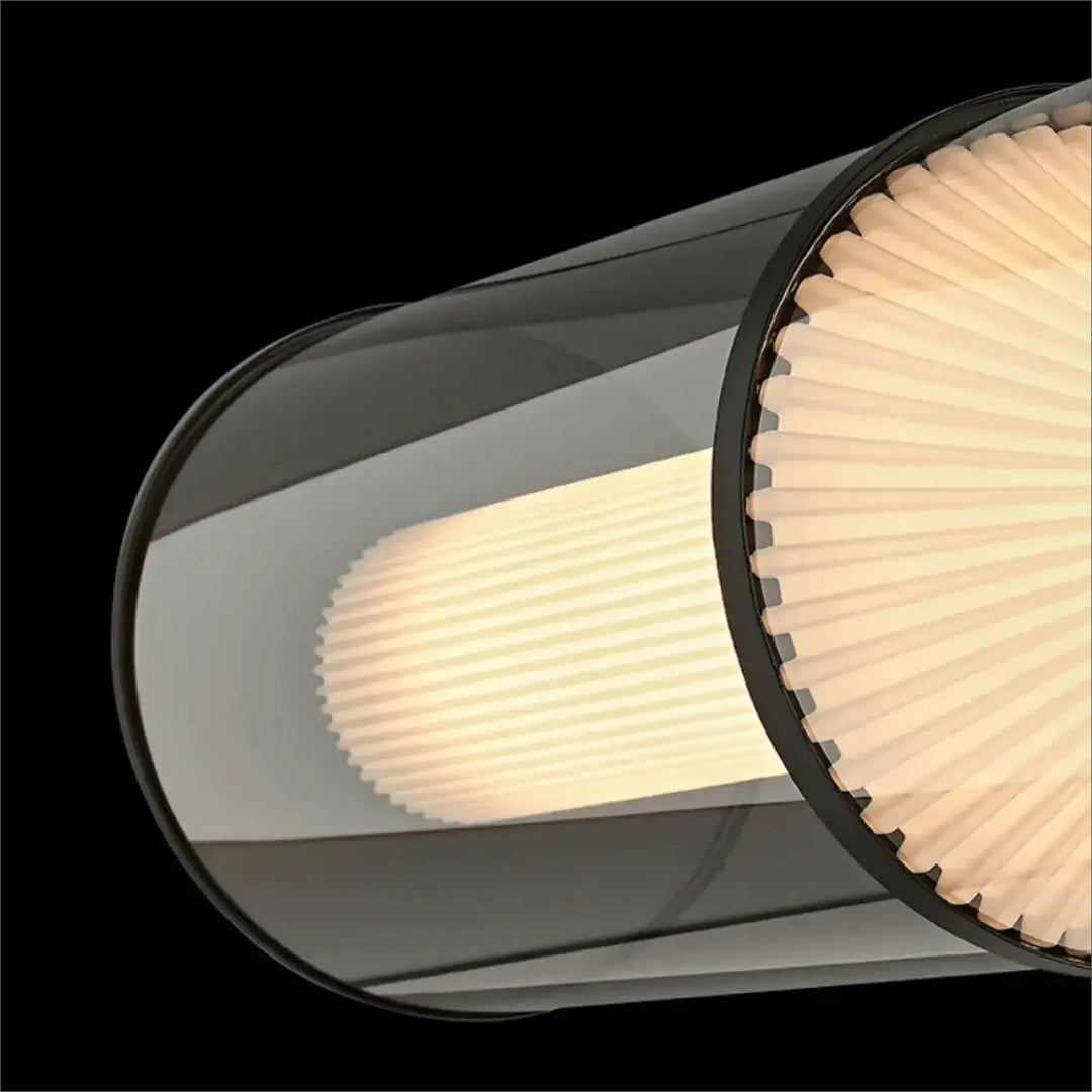 Suspension luminaire moderne avec lampe cylindrique en verre noir et diffuseur intérieur plissé crème design epure