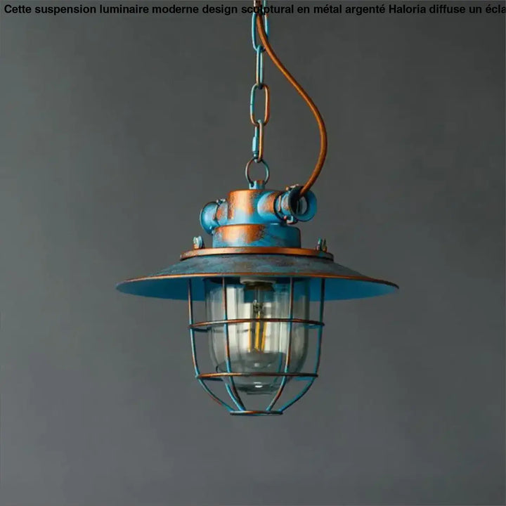 Suspension Industrielle Métal Cage Rétro Bleu Vieilli

