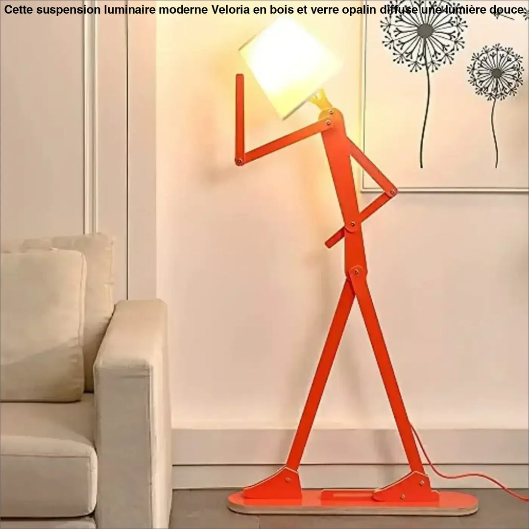 Lampadaire fer type orange avec abat-jour carré blanc et bras articulés en métal formant une silhouette debout