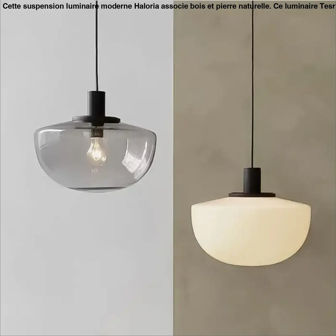 Deux suspensions luminaire moderne en bois et pierre naturelle avec abat-jour gris translucide et blanc opaque
