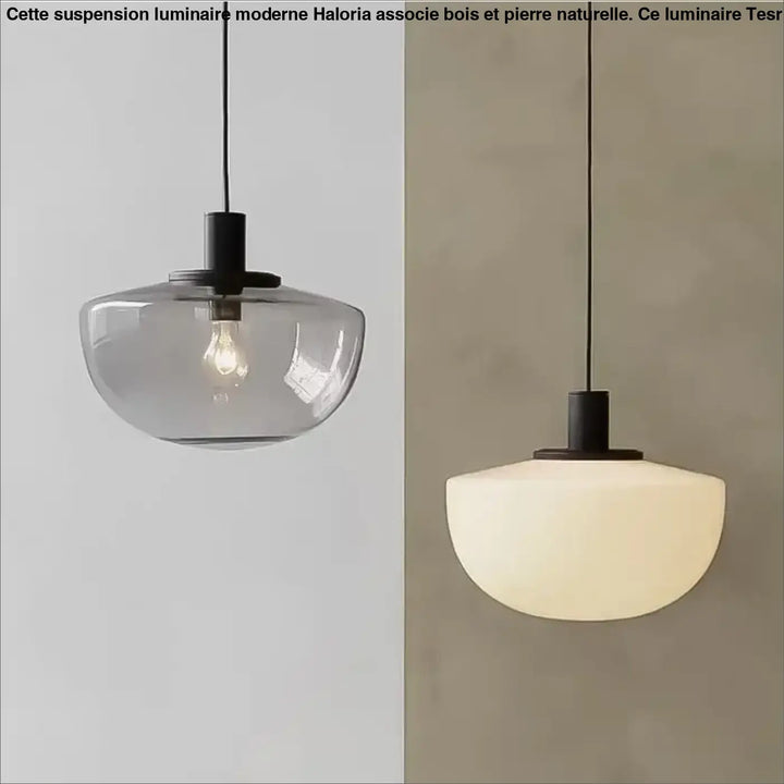 Deux suspensions luminaire moderne en bois et pierre naturelle avec abat-jour gris translucide et blanc opaque