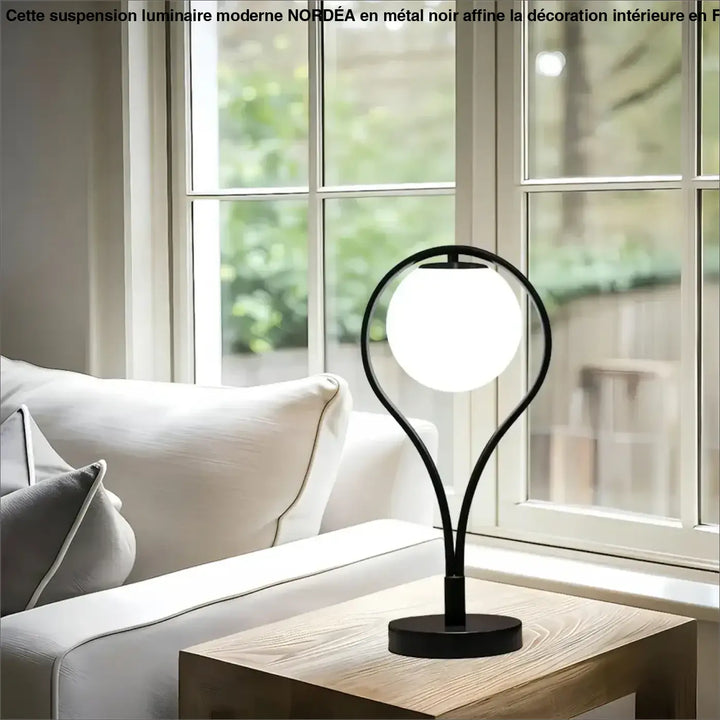 Lampe de table canila noire avec base courbée moderne et globe blanc pour un halo lumineux et un chevet design