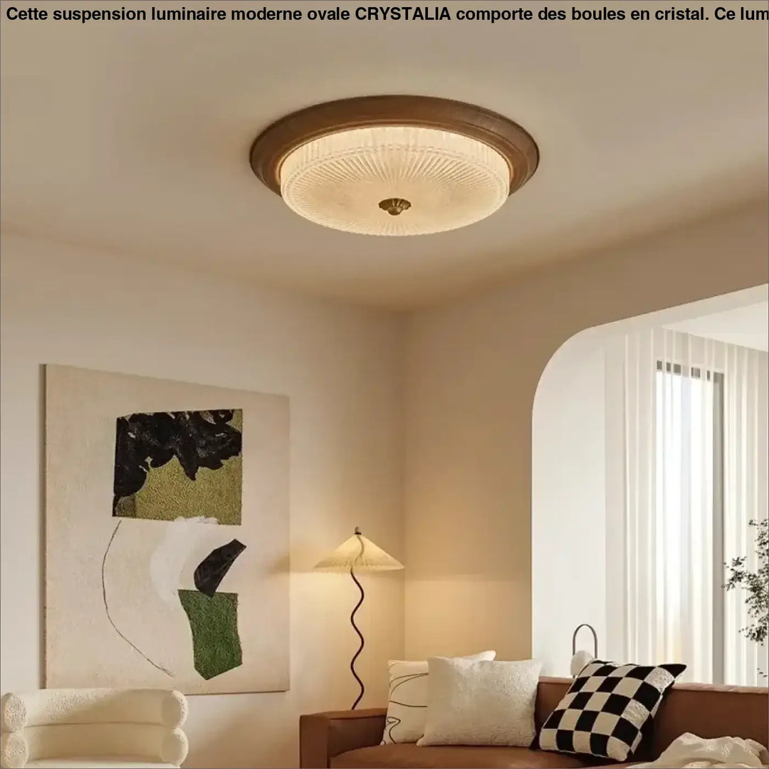 Plafonnier rond en verre texturé et finition bois naturelle
