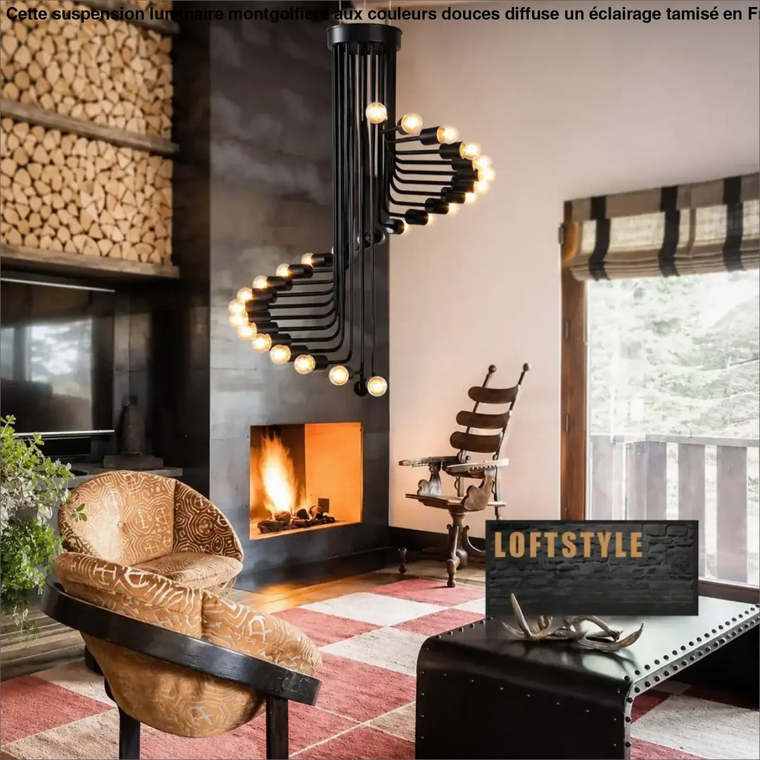 Suspension luminaire tempia noir en spirale avec plusieurs ampoules et corps de lampe en matériau principal industriel moderne