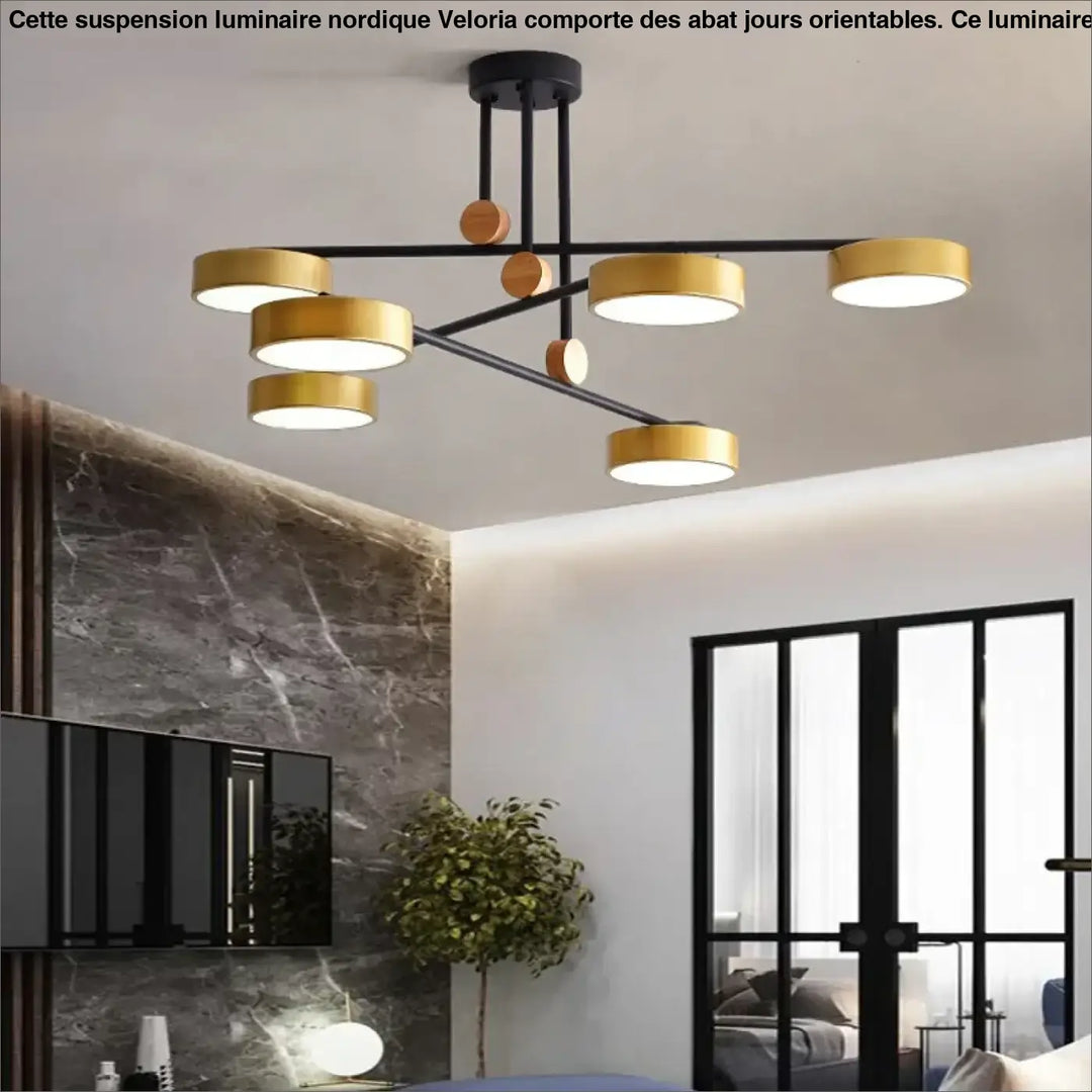 Suspension luminaire nordique veloria en noir et or avec abat jours orientables et luminaires circulaires modernes