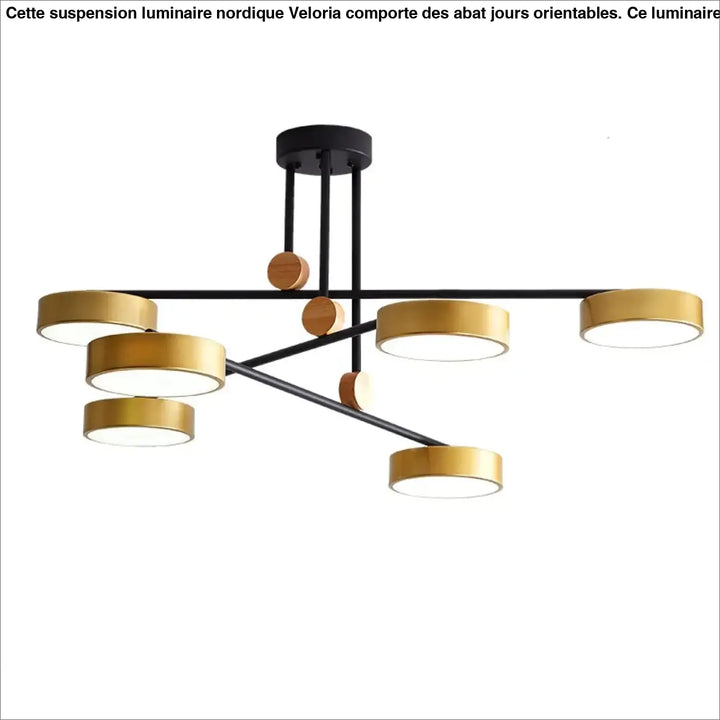 Suspension luminaire nordique avec six abat jours orientables dorés sur bras noirs et disques en bois par veloria