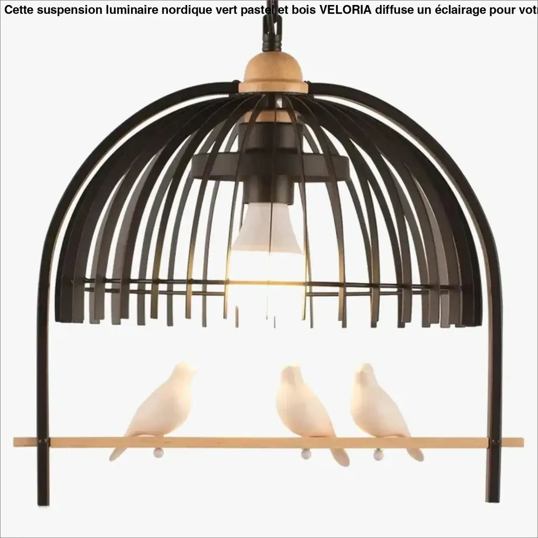 Suspension luminaire nordique vert pastel avec cage en métal noir bois et trois oiseaux en céramique blanche veloria