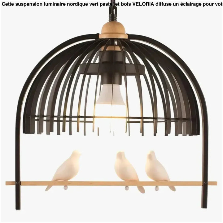 Suspension luminaire nordique vert pastel avec cage en métal noir bois et trois oiseaux en céramique blanche veloria