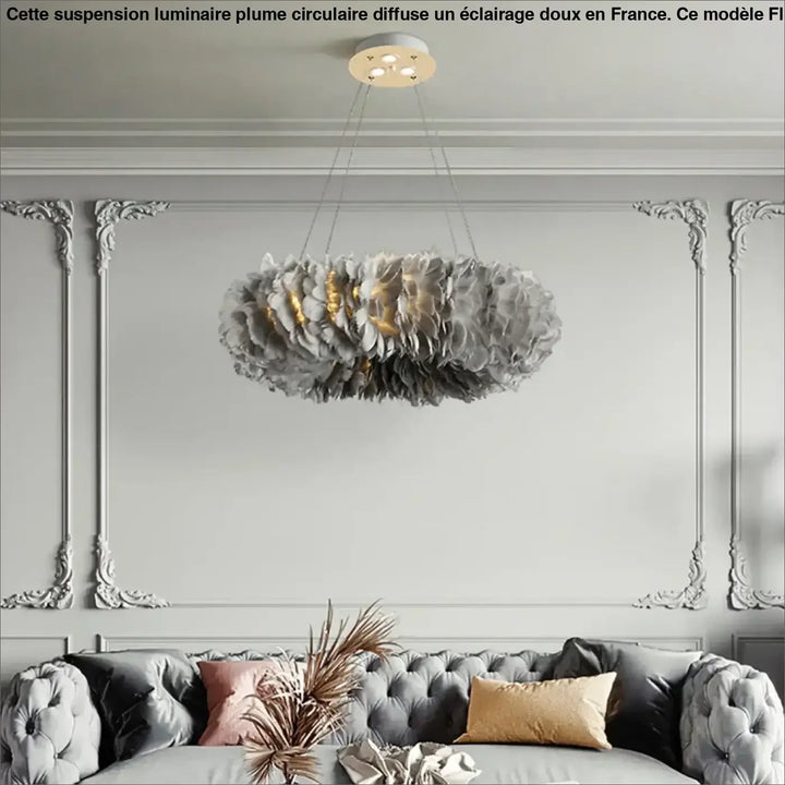 Suspension luminaire plume circulaire disponible en gris ou blanc

