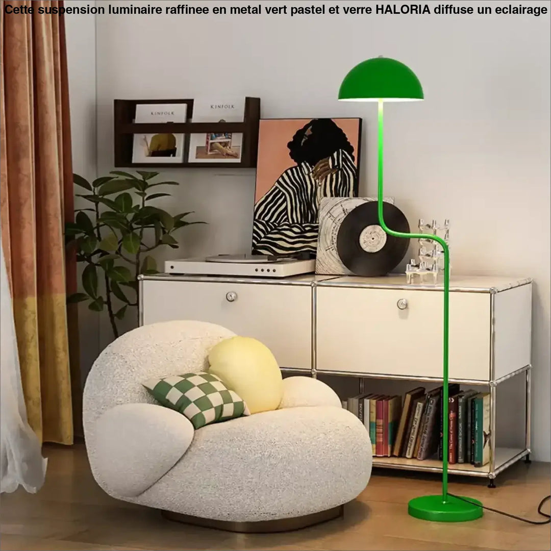 Lampadaire sairam design contemporain avec abat-jour vert vif en forme de dôme et pied incurvé circulaire