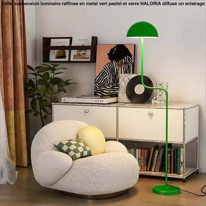 Lampadaire sairam design contemporain avec abat-jour vert vif en forme de dôme et pied incurvé circulaire