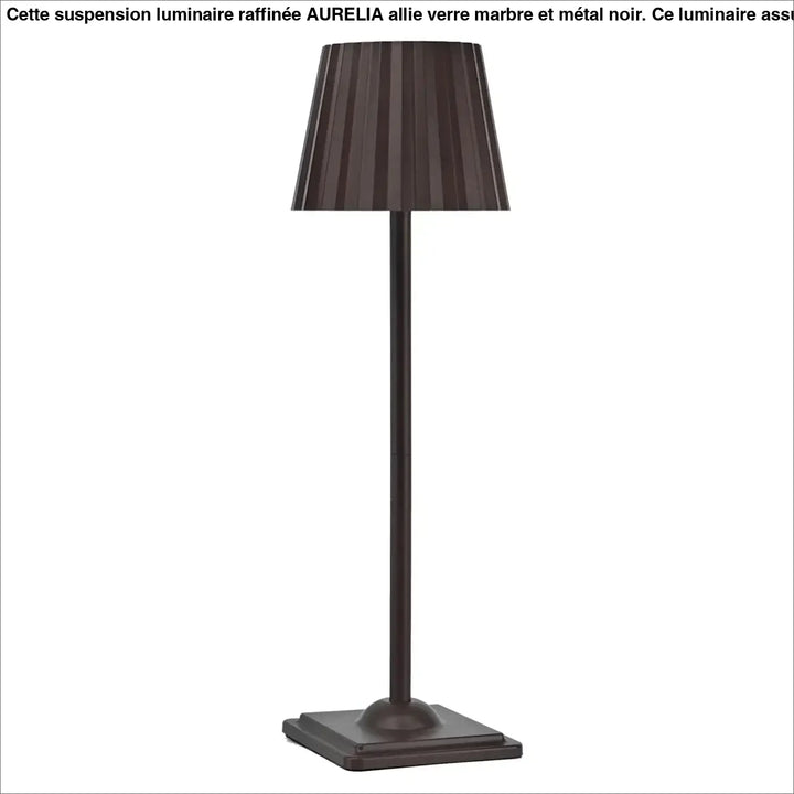 Lampe de table escale avec abat-jour plissé marron foncé sur pied métallique mat fin et base carrée