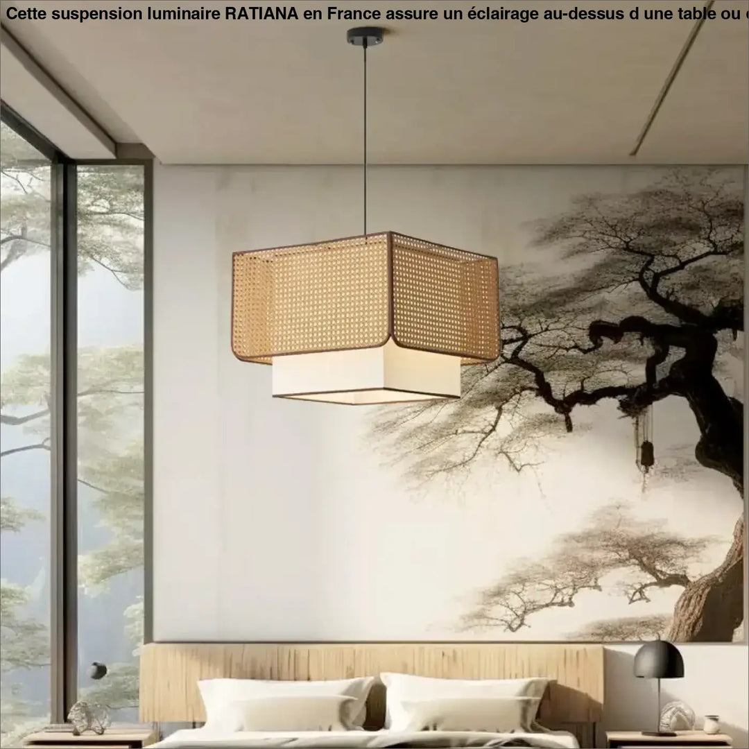 Suspension luminaire design en rotin naturel tressé beige