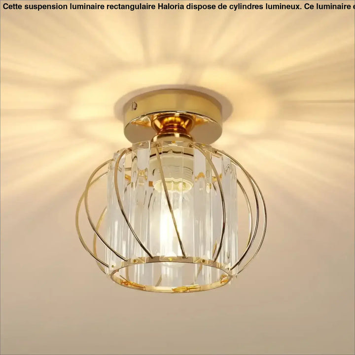Luminaire plafonnier veloria avec cadre métallique doré et cristaux transparents verticaux en cage élégante