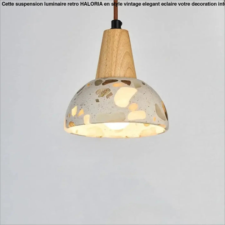 Suspension luminaire Tosca montre l’image d’une lampe suspendue moderne avec top en bois et abat-jour en terrazzo ajustable