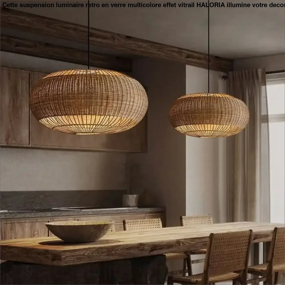 Suspension luminaire rond en rotin au style naturel pour salon
