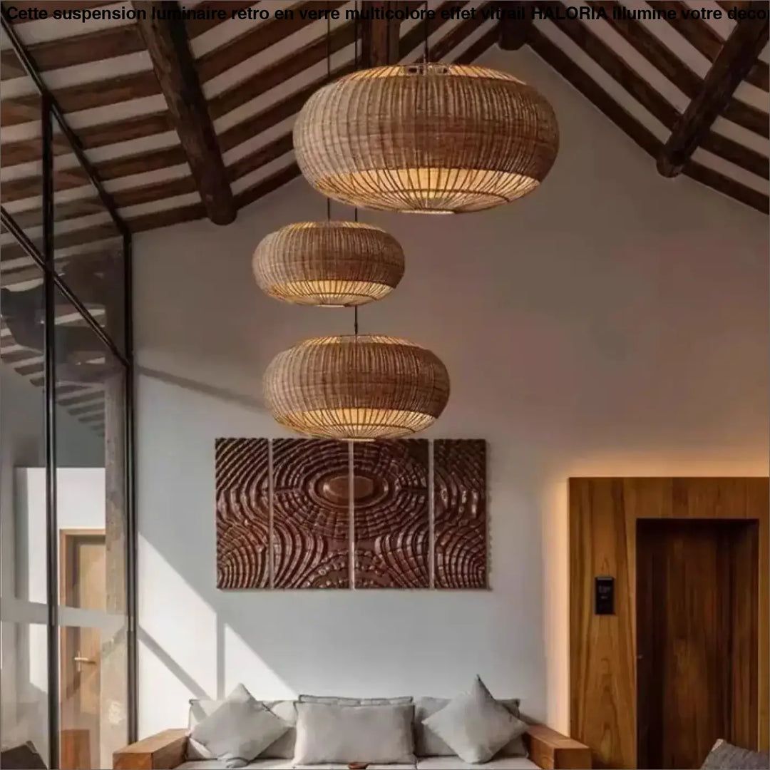 Suspension luminaire rond en rotin au style naturel pour salon