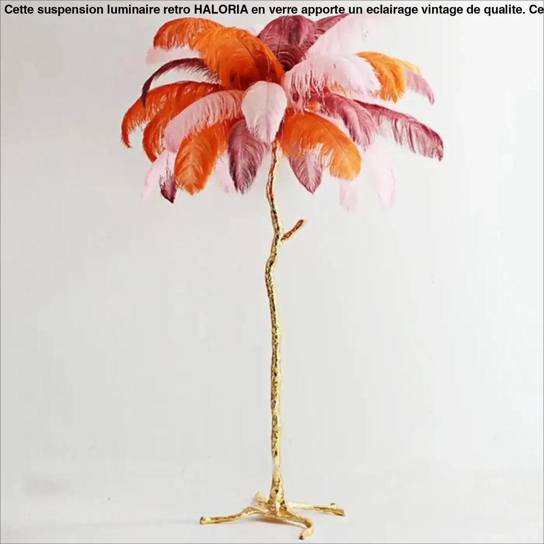 Lampadaire exotis avec socle doré et plumes colorées orange, rose et marron en luminaire palmier élégant
