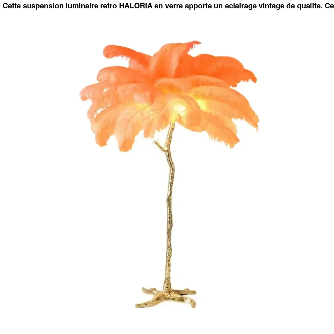 Lampadaire exotis avec plumes colorées orangées et socle doré en forme de luminaire palmier