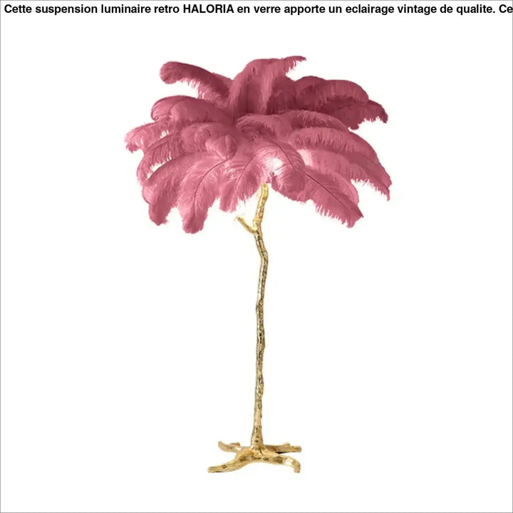 Lampadaire exotis avec socle doré en forme d arbre et plumes colorées roses style luminaire palmier