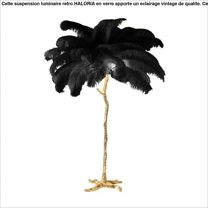 Lampadaire exotis élégant en plumes noires d’autruche avec socle doré luminaire palmier design raffiné