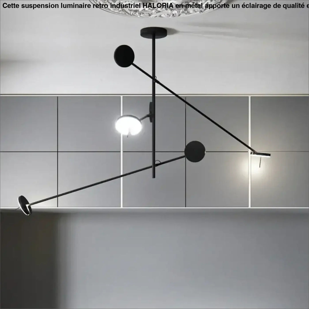 Suspension luminaire krosso noir minimaliste avec bras articulés et accents circulaires pour éclairage moderne