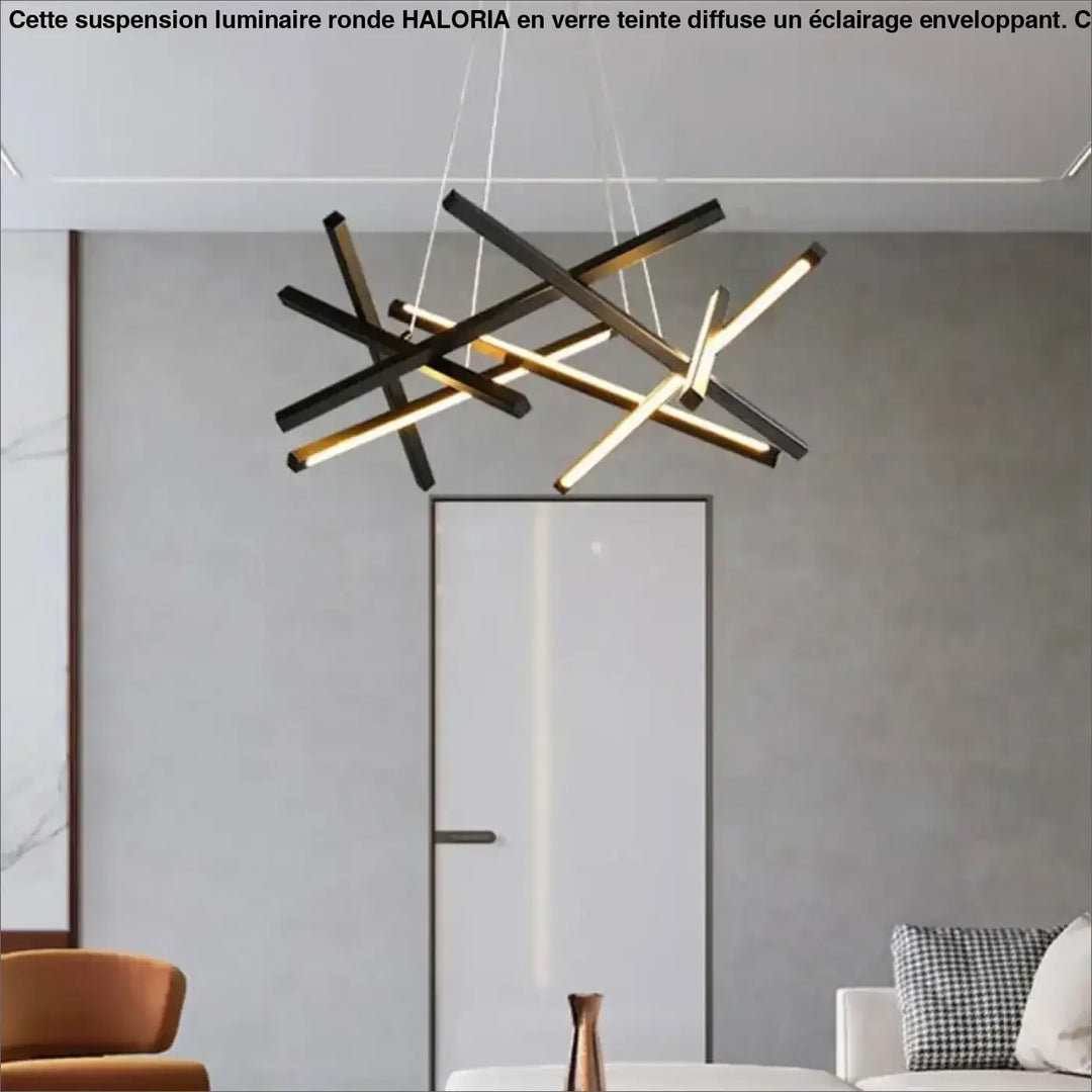 Suspension luminaire kados moderne noir et doré avec led intersectantes design géométrique adapté pour blanc froid et mètres carrés