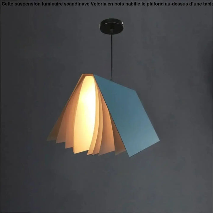Suspension luminaire boky en forme de livre ouvert transformé avec pages intérieures chaleureuses et couverture bleue froide
