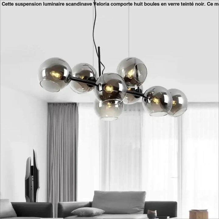 Suspension luminaire scandinave avec 8 boules en verre teinté noir

