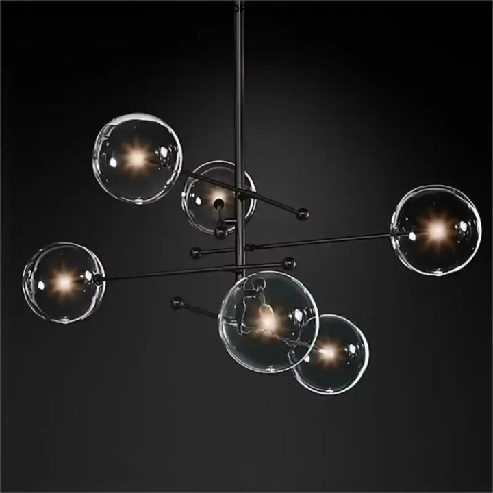 Plafonnier moderne atomix noir avec globes en verre clair idéal pour salle à manger acier et laiton doré
