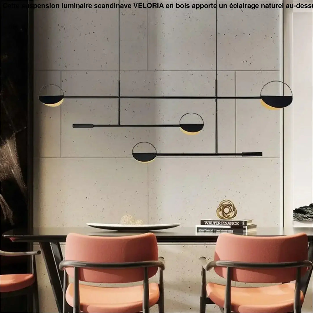 Suspension luminaire scandinave veloria noir moderne avec abat-jours géométriques demi-lune diffusant une lumière chaude