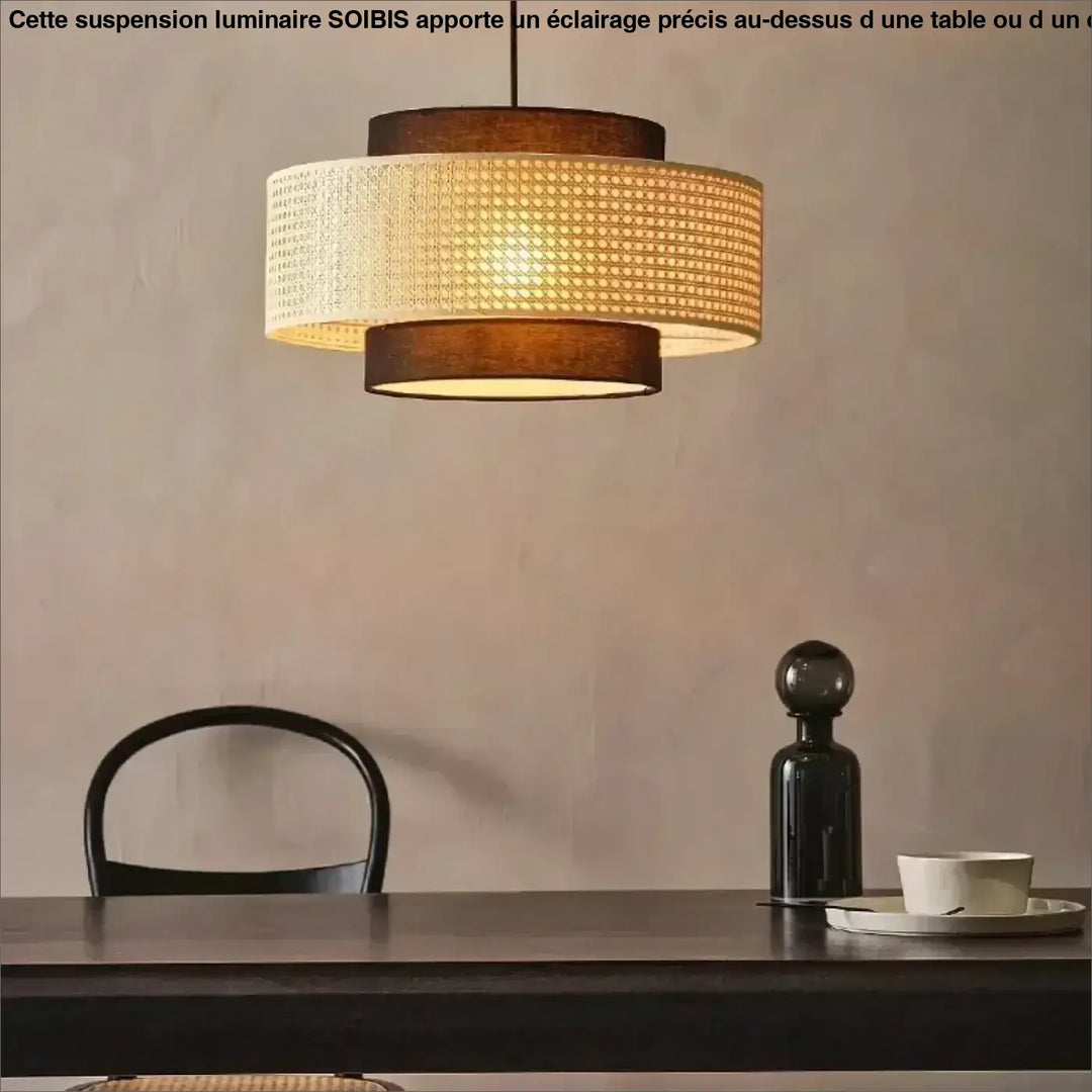 Suspension rotin design élégant forme tambour lumineux