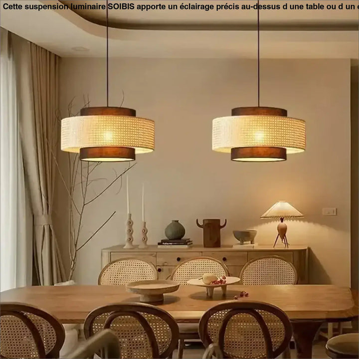 Suspension rotin design élégant forme tambour lumineux