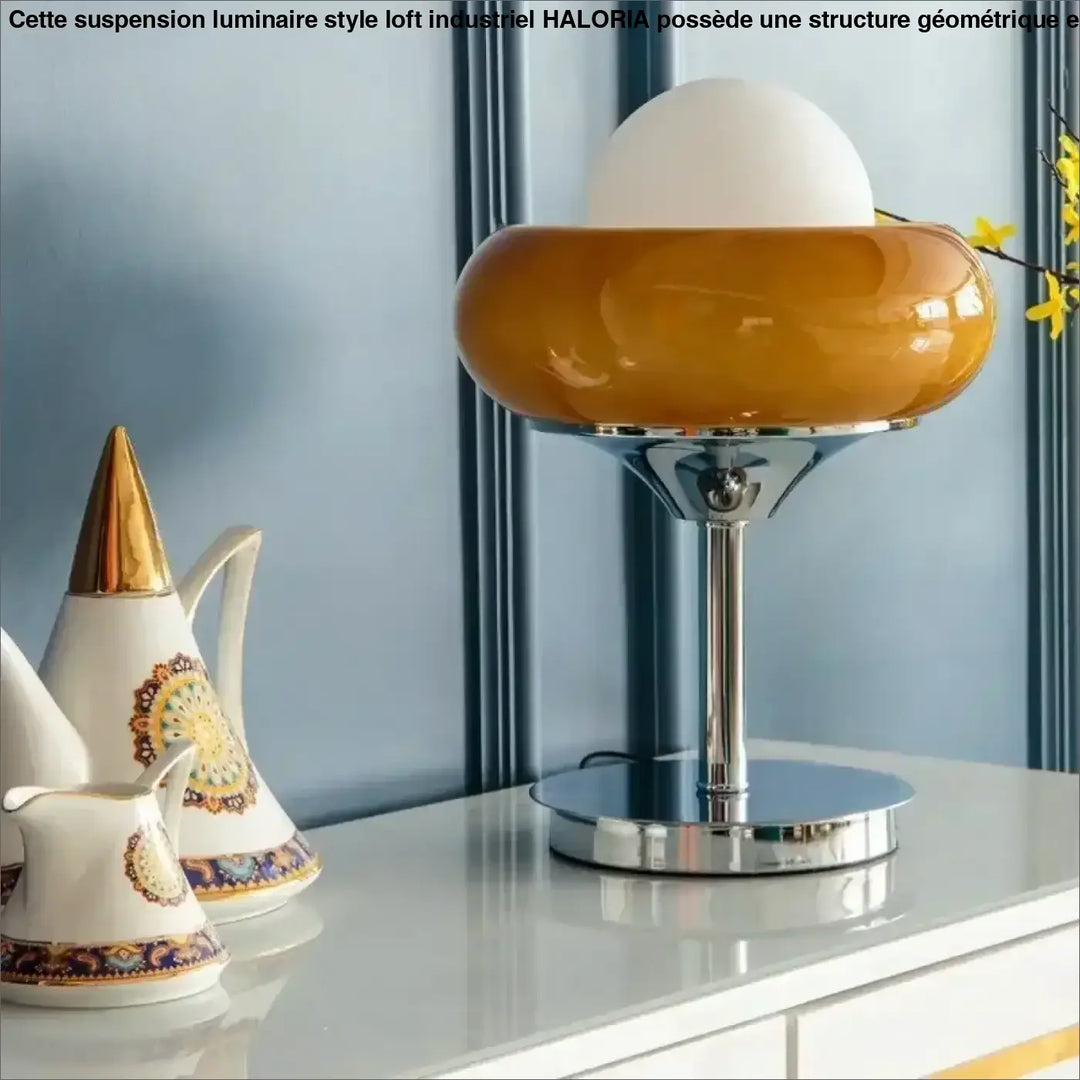 Lampe de table bellora avec base en verre ambré brillant et abat-jour blanc sphérique pour décoration intérieure space age