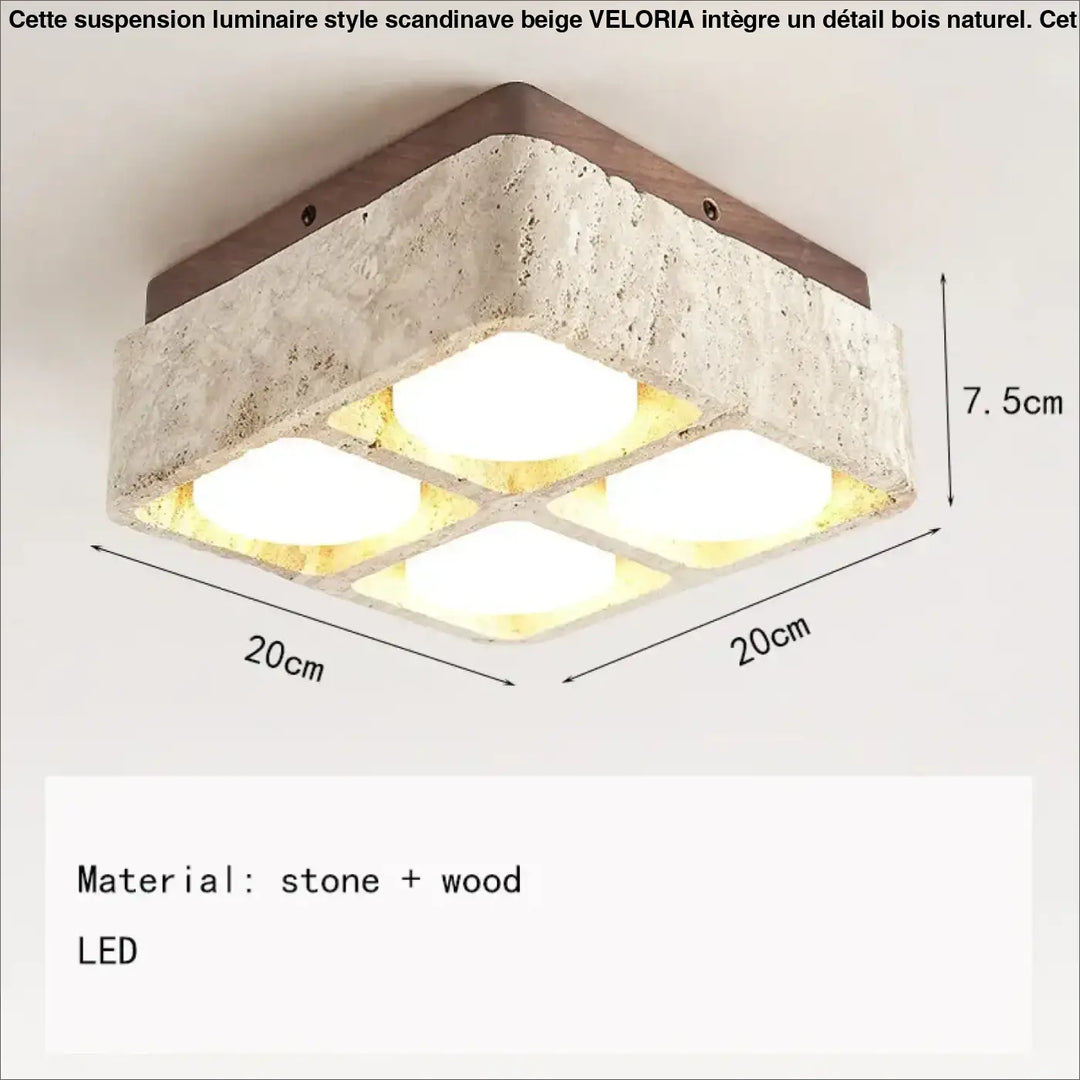 Suspension luminaire style scandinave beige avec finition pierre et bois et quatre panneaux led éclairés veloria